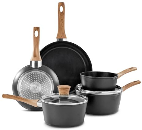 Blackmoor 5-Piece Pan Set/Non-Stick Ceramic-Coated Pots & Pans/PFAS-Free Saucepan & Frying Cookware Set with Wood Effect Handles, Suitable for All Hob Types/Sherwood Classic Range 68279