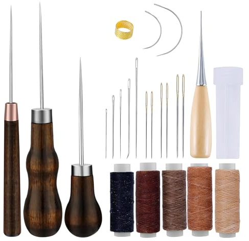 Kit de couture pour cuir 24 pièces, outil pour cuir haute performance, avec aiguilles à coudre, kit de couture professionnel, fil à coudre, poinçon à coudre, pour réparation, couture à la main