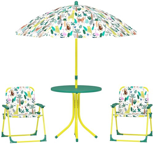 AIYAPLAY Conjunto de Mesa y Sillas Infantil de Jardín de 4 Piezas, Mesa Infantil con Sillas Plegables, Sombrilla Desmontable, Diseño de Jungla, para Patio, Pícnic, Verde