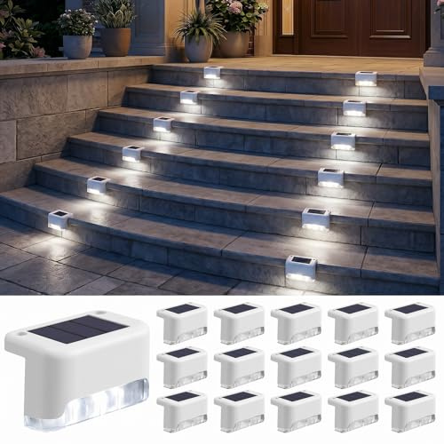 Qoosea Luces Solares Exterior Jardin, 16 Piezas Luces para Escaleras Blanco Frío, Impermeable Lamparas Solares Decoración, Iluminación LED para Escaleras Vallas, Patios, Terrazas-Blanca