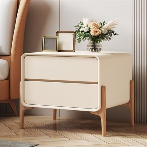 DUY Mesita de noche blanca crema con 2 cajones, mesita de noche curvada con patas de madera, armario de almacenamiento minimalista para dormitorio (blanco)