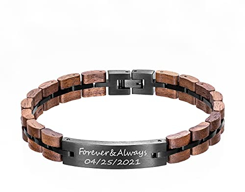 Gravur Benutzerdefinierte Gliederarmbänder Personalisierte Armreif Edelstahl Holz Gliederkette Armband Schmuck für Männer Jungen Schwarz mit Geschenkbox, 9.8 inches, Holz Edelstahl