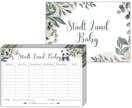 JEKA 25 Stück - Babyparty Spiel Stadt-Name-Baby, Babyparty Spiele für Gäste, Babyparty Quiz, Babyparty Geschenk, Babyparty Karten zum Ausfüllen, Partyspiele, Babyshower Spiel