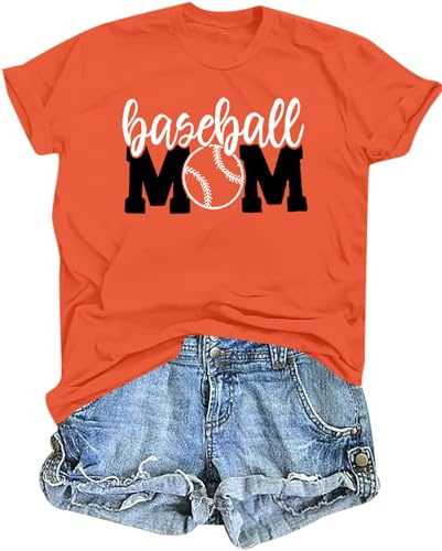 Baseball Mom Shirt Womens Mom Shirt Short Sleeve O-Neck Letter Print Casual Tops Tees (Orange, xx-Large)