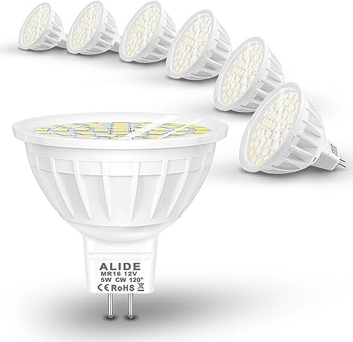 ALIDE MR16 Led Bulbs 5W,50W Halogen Equivalent,Wide Angle 120 Degree,GU5.3 Bi-Pin 5000K Daylight White,12V MR16 LED for Overhead Tracking Flood Recessed Accent Ceiling Landscape Lighting, 6 Pack