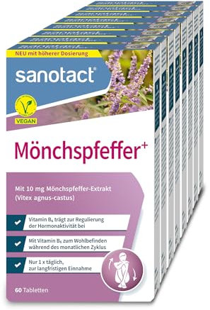 sanotact Mönchspfeffer (360 Tabletten) • Hochdosiert mit 10mg Mönchspfeffer pro Tablette • Zyklusharmonie & Hormon Balance • Frauenvitamine • Vitamin B6, Magnesium, Pantothensäure • Vegan