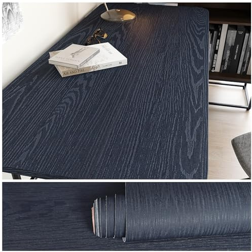 VEELIKE Thick Navy Blue Wood Wallpaper Self-adhesive Dark Blue Wood Effect Contact Paper for Furniture Sticker Vinyl Wrap for Kitchen Cupboards Waterproof Bedroom Sticky Back Plastic Roll 40CMx300CM