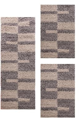 Carpetsale24 Bettumrandung Schlafzimmer 3 teilig Shaggy Hochflor Teppich Taupe Bettvorleger Schlafzimmer Bettset: 2 St. 60x110 cm | 1 St. 80x250 cm - Flauschiger Teppich Läufer Set Kariert Design