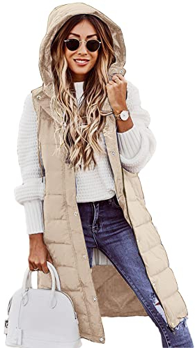 Godoboo Damen Lang Daunenweste Wintermantel Vest Ärmellose Warmer Daunenmantel Longweste Casual Winterjacke Outdoor Ärmellos Mantel Jacke Weste Lang Steppweste mit KapuzeWintermantel