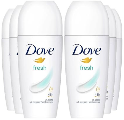 Dove Roll On Fresh Antiperspirant up to 48H of Sweat and Odour Protection with Long Lasting Fresh and Clean Fragrance Travel Size Deodorant For Women, 50ml Pack of 6