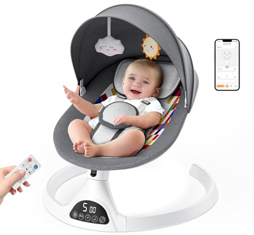 Brolteja Babywippe Elektrisch,babyschaukel elektrisch für Kinder bis 9 kg,Elektrische Babyschaukel mit Smartphone, Batterie- oder Stromanschluss,10 Melodien,mit 5-Punkt-Sicherheitsgurt, 0-6 Monate