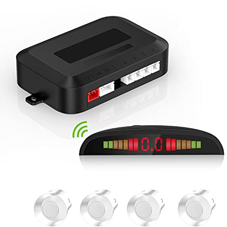 Kit di montaggio senza fili, sistema di retromarcia con 4 sensori PDC, indicatore di distanza a LED senza fili con allarme acustico + 4 supporti di parcheggio posteriori per auto, furgoni e camper
