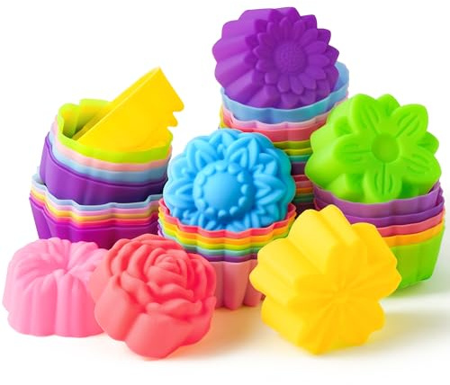 R HORSE 42 Pack Mini Silicone Cupcake Molds Multi Flower Shaped Baking Cups Non-Stick Muffin Baking Mould Washable Cupcake Cake Cup Liners Mold for Soap Dessert Pudding Donut Party Supplies
