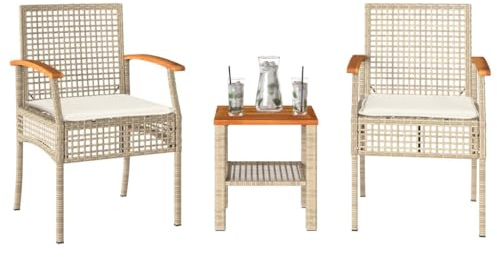 LAPOOH 3-TLG. Bistro-set med kudde beige poly rotting akaciaträ, trädgårdsset bord och stolar, balkongmöbler för liten balkong, terrassmöbler, balkongset, möbeluppsättningar – 366261