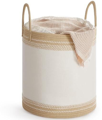 SONGMICS Laundry Hamper, 60 L Laundry Basket, Laundry Bag with Lid, with Handles, Drawstring, for Clothing, Blankets, Living Room, Bedroom, 41 x 41 x 46 cm, Tan RLH060K01