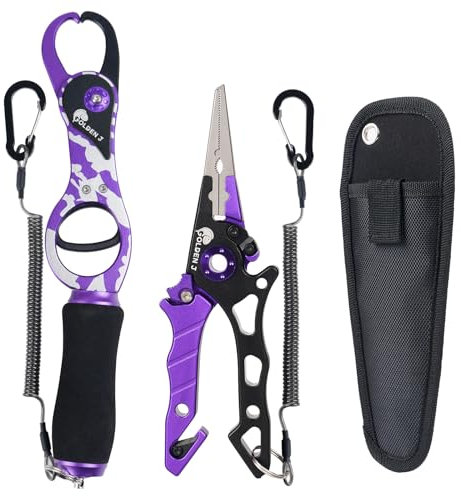 Golden J Fish Lip Gripper & Multi-Function Fishing Pliers Set - High-Strength Aluminum & Stainless Steel, Hook Remover, Split Ring Pliers, Line Cutter, Ideal for Ice, Surf, Lure Fishing