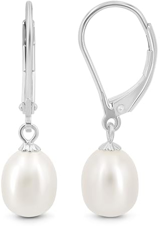 KEZEF Pearl Drop Earrings for Women, White Gold Plated Sterling Silver