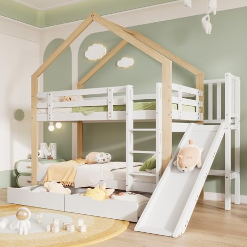 Gelukueub - Letto a castello con scivolo e scala angolare a tre pioli, letto con protezione anticaduta, letto per bambini, telaio in legno massello, bianco+colore naturale, 90 x 200 cm (con 2 scale)