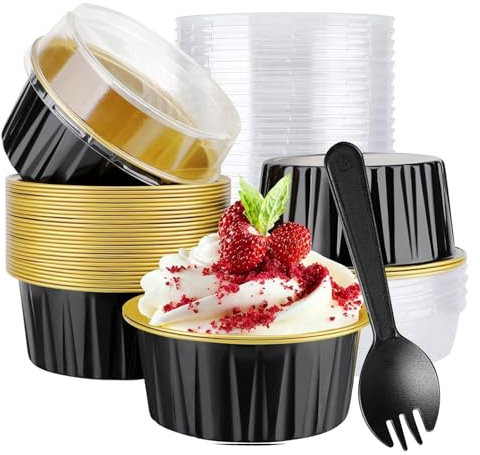 50 Pcs Mini Cake Pans with Lids and Spoons, Foil Cupcake Cups Cupcake Liners, 150ml Round Baking Pans, Small Loaf Muffin Cups, Tart Pie Bread Dessert Containers for Wedding Birthday Picnic Party