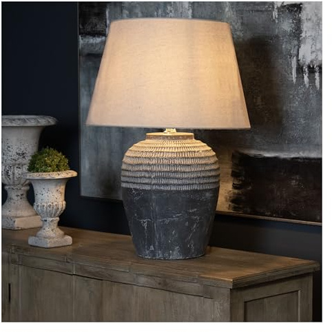 Wholesome Home Grey Stone Base with Tribal Carved Pattern, Decorative Table Lamp, 70cm Height, Beige Shade