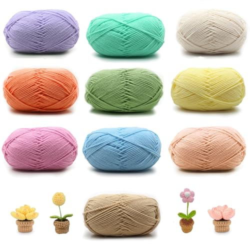 Fil à Tricoter, Lot de 10 Pelotes 50 g de Fils à Crochet, Fil à Tricoter Acrylique Coloré, Doux Coton Crochet Tricot, pour le Crocheter et L'artisanat D'art DIY, 10 Couleurs