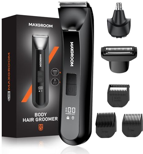 MAXGROOM Manscape 3 in 1 Body Hair Trimmer Men, Electric Razor for Pubic Hair,Ball Shaver with Controllable LED Light, IPX7 Waterproof Body Shaver for Mens Grooming, LED Display Type-C USB