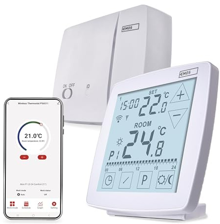 EMOS GoSmart - Smart Home Raumthermostat mit App - WiFi - Open Therm Thermostat - tragbare Steuereinheit mit Touch-Bedienung - energiesparend - Tuya, Smart Life, Google Assistant und Alexa kompatibel