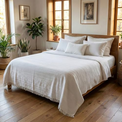 Loomvia Leichte Bettüberwurf & Tagesdecke 240x260 cm, 215 GSM, seidig weich Sommerdecke, Überwurf für Bett & Sofa, Schlafzimmer Deko, aus Baumwolle & Bambusviskose, Oeko-TEX®, Ecru