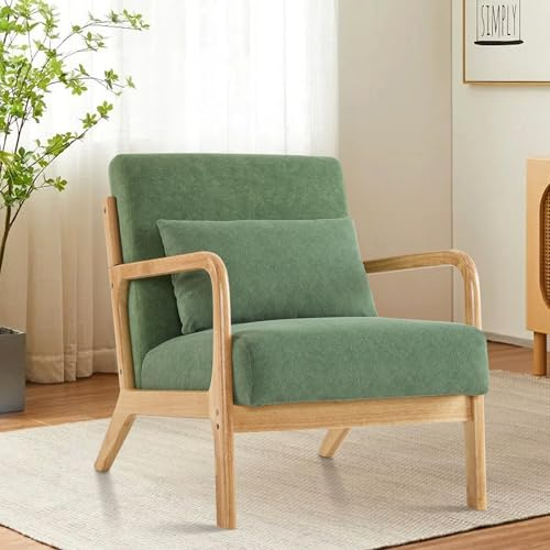 Aunekiv Midcentury Modern Accent Chair Living Room Armchair with Pillow, Upholstered Comfy Reading Chair with Solid Wood Frame for Small Spaces Bedroom Apartment Balcony, Green