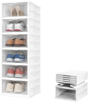MOHOME Porta Scarpe Verticale Impilabili Pieghevole Scatole Trasparenti 6 Box Salvaspazio Apertura Frontale Organizzatore PortaScarpe in Plastica Contenitori Traspiranti Scarpiera Sneakers