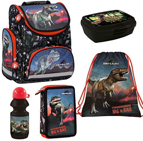 Dinosaurier Schulranzen Set Tornister Motiv Dino Geldbeutel Turnbeutel Federtasche Brotdose Trinkflasche
