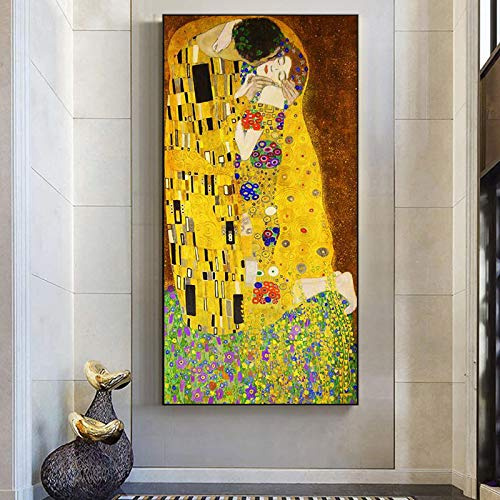 HYFBH Impresión en Lienzo Carteles artísticos Gustav Klimt El Beso Pinturas al óleo clásicas Arte Famoso Cuadro en Lienzo de Pared Decoración para el hogar 60x120cm (24x47in) Marco Interno