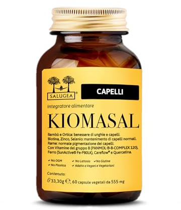 Kiomasal Salugea - Integratore Naturale per Capelli con Vitamine del Gruppo B, Ferro, Oligoelementi e Amminoacidi - Flacone in Vetro - 60 Capsule Vegetali