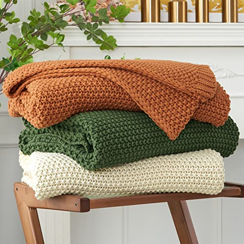 Chunky Cable Knit Throw Blanket Lightweight Beige 100% Organic Cotton Blanket for Sofa Couch Bed Baby Nursery, Rustic Shabby Chic Modern Farmhouse, 60” x 80”