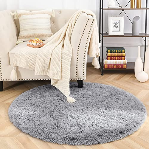 MARATIP Plüsch Teppich Rund,Flauschiger Teppich Rund, modernes Wohnzimmer, Kinder Mädchen,weicher und Flauschiger für das Schlafzimmer/Wohnzimmer/Kinderzimmer(grau,Ø 120 cm Rund)