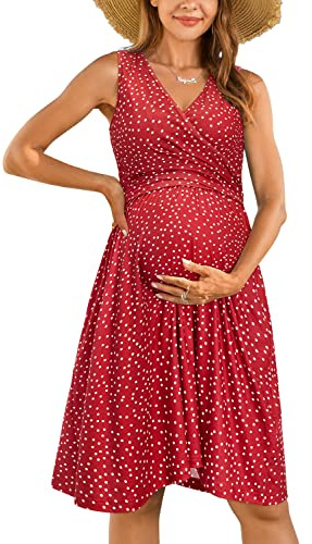 OUGES Womens V-Neck Sleeveless Summer Floral Maternity Dresses Nursing Gown Breastfeeding Midi Dress(Floral-V,L)