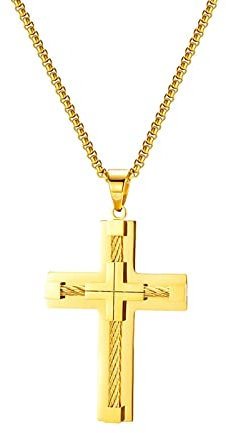 KnSam Halskette Männer Edelstahl, Poliert Verdrilltes Kabel Geometrisch Kreuz Anhänger Erbskette, Gold Kette für Männer Schmuck 70CM