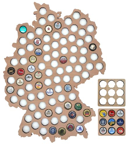 LOANO Bierkarte XL für 96 Kronkorken inkl. 2 Bierdeckel - Sammelkarte Deutschland (54x39cm) aus Holz Männergeschenk Kronkorken Sammler Album