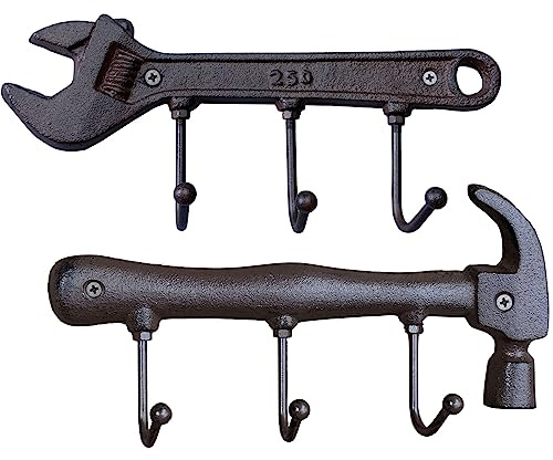 KiaoTime Set of 2 Wrench and Hammer Cast Iron Metal Wall Coat Hooks Hat Rack, Rustic Retro Vintage Wall Mounted Coat Rack Key Holder for Men's Workshop Garage Tools Holder Hook Wall Sign Decoration