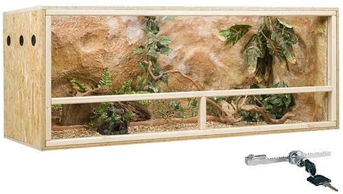 GECKOX OSB, terrario in legno, 150 x 60 x 60 cm, con ventilazione laterale, set di modanature: senza set di modanature, pacchetto di sicurezza