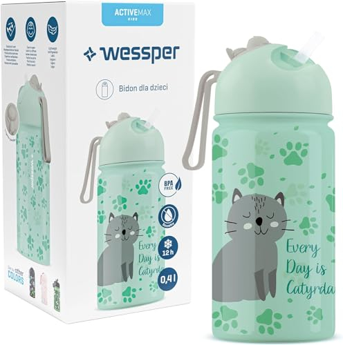 Wessper Bouteille Eau Enfant, Gourde Isotherme Enfants 410ml, Embout Confortable avec Paille, Sans Bisphénol BPA FREE, Léger et Facile à Utiliser, Cat Motif