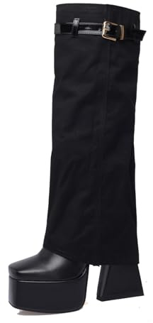 Bottes à Plateforme moelleuses en Fourrure pour Femmes,Bottes Gothiques à Talons Hauts épais et à la Mode,Bottes Pliables Sexy à Bout carré avec Boucle de Ceinture,1 Black,36 EU