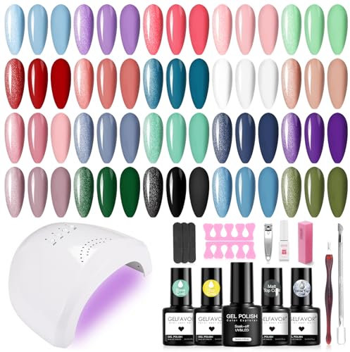 GELFAVOR Kit Uñas Semipermanentes con 48W Lámpara, Esmaltes Semipermanentes Kit Completo, 20 Colores Azul Violeta Rosa Verde Rojo UV LED Pintauñas Semipermanentes Mini