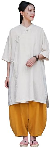 DAYKET Vêtements de Tai Chi amples pour femmes, uniforme traditionnel chinois en coton et lin pour arts martiaux, tenue de méditation zen, tenue d'exercices du matin,YellowB-OneSize