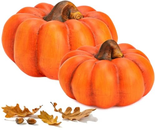Zierkürbisse orange als Herbst-Deko 2er Set in 16, 19 cm - Keramik Deko-Kürbisse als wetterfeste Outdoor Gartendeko - Kürbis-Deko als Erntedankfest Zimmer-Deko oder draußen Haustür Halloween Deko