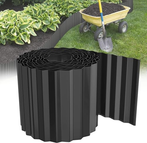 HENGMEI Rabattkant 10 m, rabattgräns av metall, rabattkant, galvaniserad gräsmatta, klippkant, flexibel gräsmatta, 15 cm hög, svart