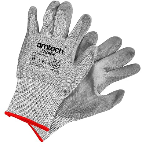 Amtech - Cut Resistant Level 5 Gloves for Home DIY and Gardening, PU Coated Palms to Protect Hands, Comfortable and Secure Fit with Elasticated Wrist (L, Size: 9)