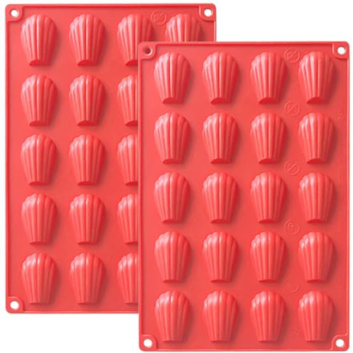 YXHZVON 2 Pezzi Stampo Madeleine, Stampi per Madeleines in Silicone, 20 Fori Stampi in Silicone a Forma di Conchiglia per Madeleine, Biscotti, Cioccolato, Caramelle, Budino(Rosso)