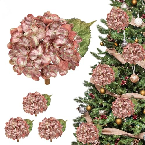 Oairse 12cm Large Artificial Hydrangea Flowers Heads with Clips 3Pcs Glitter Flower for Christmas Tree Decorations Floral Arrangement Pink Gold Faux Hydrangea for Xmas Vintage Wedding Party Holiday