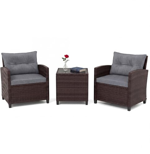 LIFEZEAL Salotto da Giardino Esterno, in Rattan PE, Set Giardino Esterno, 2 Divanetti con Cuscini Rimovibili, Tavolino Caffè, per Soggiorno, Terrazza e Patio (cuscino grigio, rattan marrone)